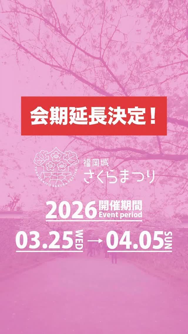 会期延長決定🌸！
福岡城 さくらまつり2026
￣￣￣￣￣￣￣￣￣￣￣￣￣￣
桜の開花状況を踏まえ、
4/8(水)までの会期延長が決定しました✨！

福岡市中央区 舞鶴公園の桜は
4/3(金)ごろ満開に🎶

週明けまで、
まだまだお花見を楽しめます😋❣️！

皆さまぜひお出かけください🌸

◼︎福岡城さくらまつり2026

期間：3/25(水)〜4/8(日)
会場：舞鶴公園
時間：11:00~22:00

❀さくらライトアップ（有料エリア）
　-18:00~22:00
✿さくらグルメエリア
❀お花見広場/さくら茶屋/さくら縁日
✿さくら大道芸
❀福岡城・鴻臚館スタンプラリー
✿さくらふれあい動物園
etc...

期間中はイベント盛りだくさん！
イベント詳細はプロフィールのURLよりご確認ください。

📣福岡城さくらまつりからのお知らせ📣

🚗お⾞での来場は⼤変混雑します。
公共交通機関をご利⽤ください。
♻️持参したゴミはお持ち帰りください。
🙅‍♀️無人によるシート等での場所取りは禁止です。
🌉さくらライトアップ（有料エリア）は18:00～22:00の間、
シート等での場所取りや宴会行為は禁止です。
🔥所定エリア以外での火気使用は禁止です。

ルールを守ってお楽しみください。
皆さまのご来場をお待ちしております🌸

〰❀〰❀〰❀〰❀〰❀〰❀〰

📣@fukuoka_sakuramatsuri では、
会期中、イベントの様子や開花状況を随時更新します🌸

📸会場で撮影した写真や動画は、
@fukuoka_sakuramatsuri をタグ付け投稿🎶
素敵な投稿はアカウントで紹介させていただきます✨

〰❀〰❀〰❀〰❀〰❀〰❀〰

主催：福岡城さくらまつり実行委員会

お問い合わせ：
福岡城さくらまつり総合案内
TEL：092-600-2726
（受付時間/平日10:00～17:00）
※さくらまつり期間中は土日も対応
MAIL：event@saku-hana.jp

#福岡城さくらまつり #舞鶴公園 #福岡市 #福岡 #福岡観光